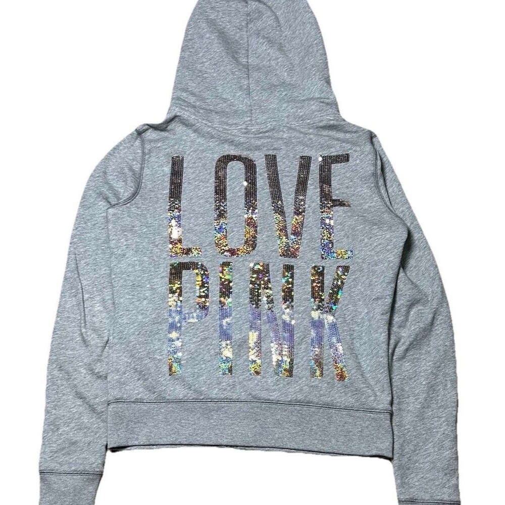 Victoria's Secret LOVE PINK Rainbow Sequin Bling Full Zip Hoodie Gray Size Small